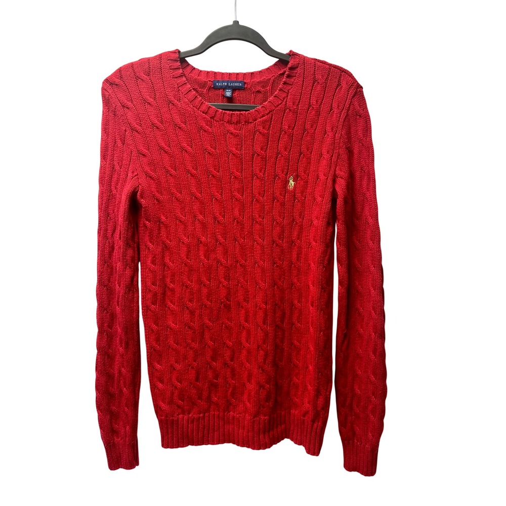 Ralph Lauren M Red Cable Knit Sweater Cotton Gold Pony Crew Ivy League Old Money